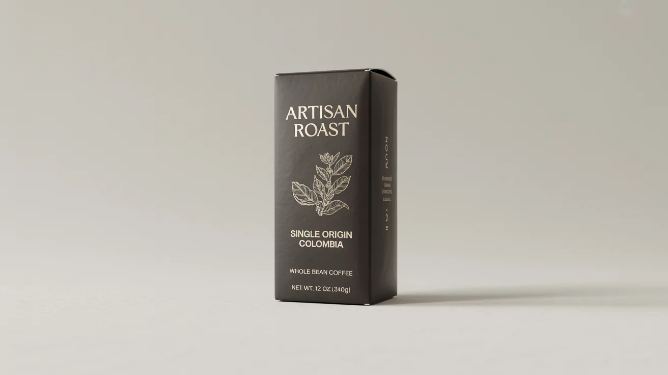 A professional product mockup of a sleek, matte black coffee box for 'Artisan Roast' with elegant gold and white lettering, standing on a pure white background.