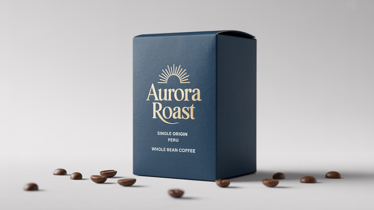 A photorealistic mockup of a dark navy blue coffee box with the brand name 'AURORA ROAST' in gold foil, sitting on a clean white background with a few coffee beans scattered around it.