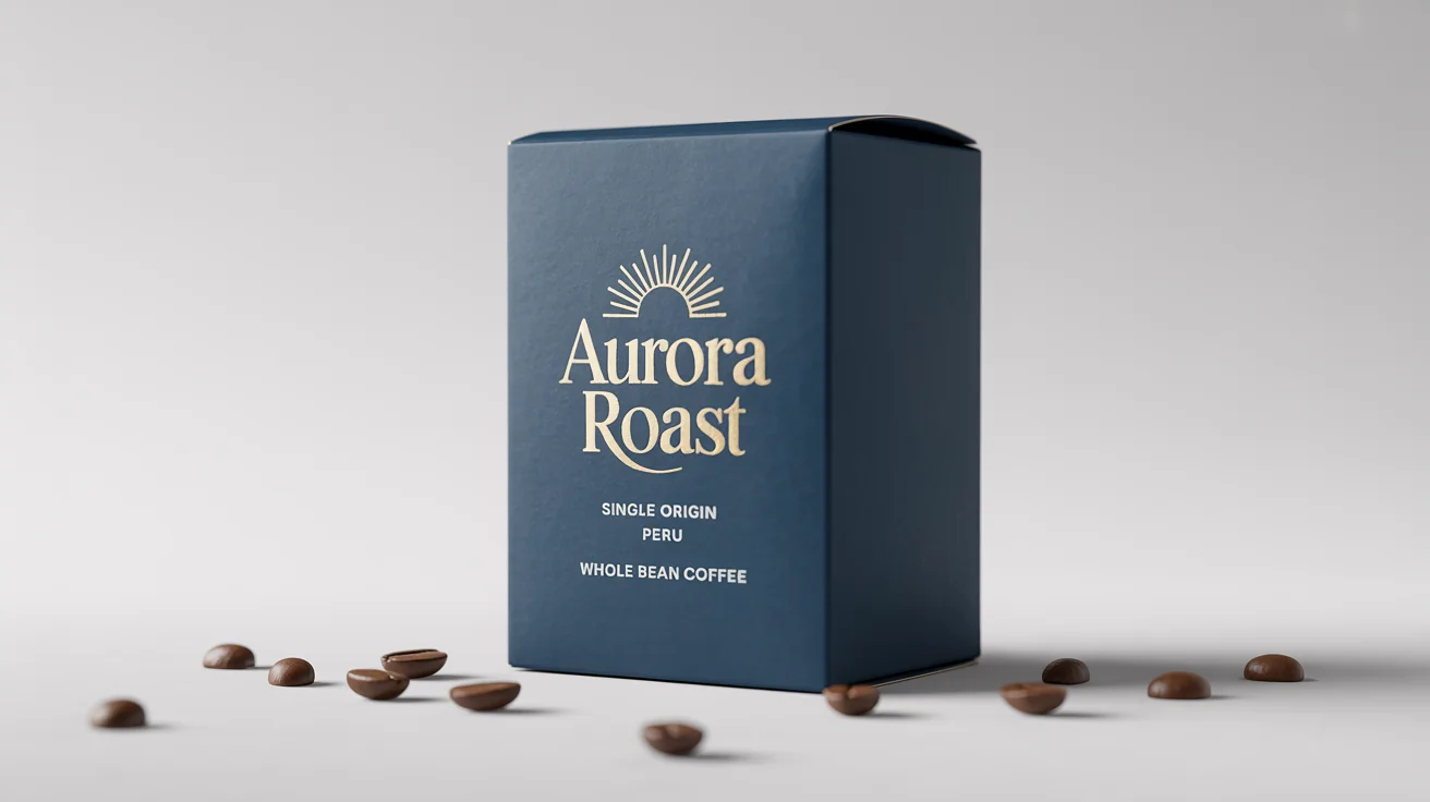 A photorealistic mockup of a dark navy blue coffee box with the brand name 'AURORA ROAST' in gold foil, sitting on a clean white background with a few coffee beans scattered around it.