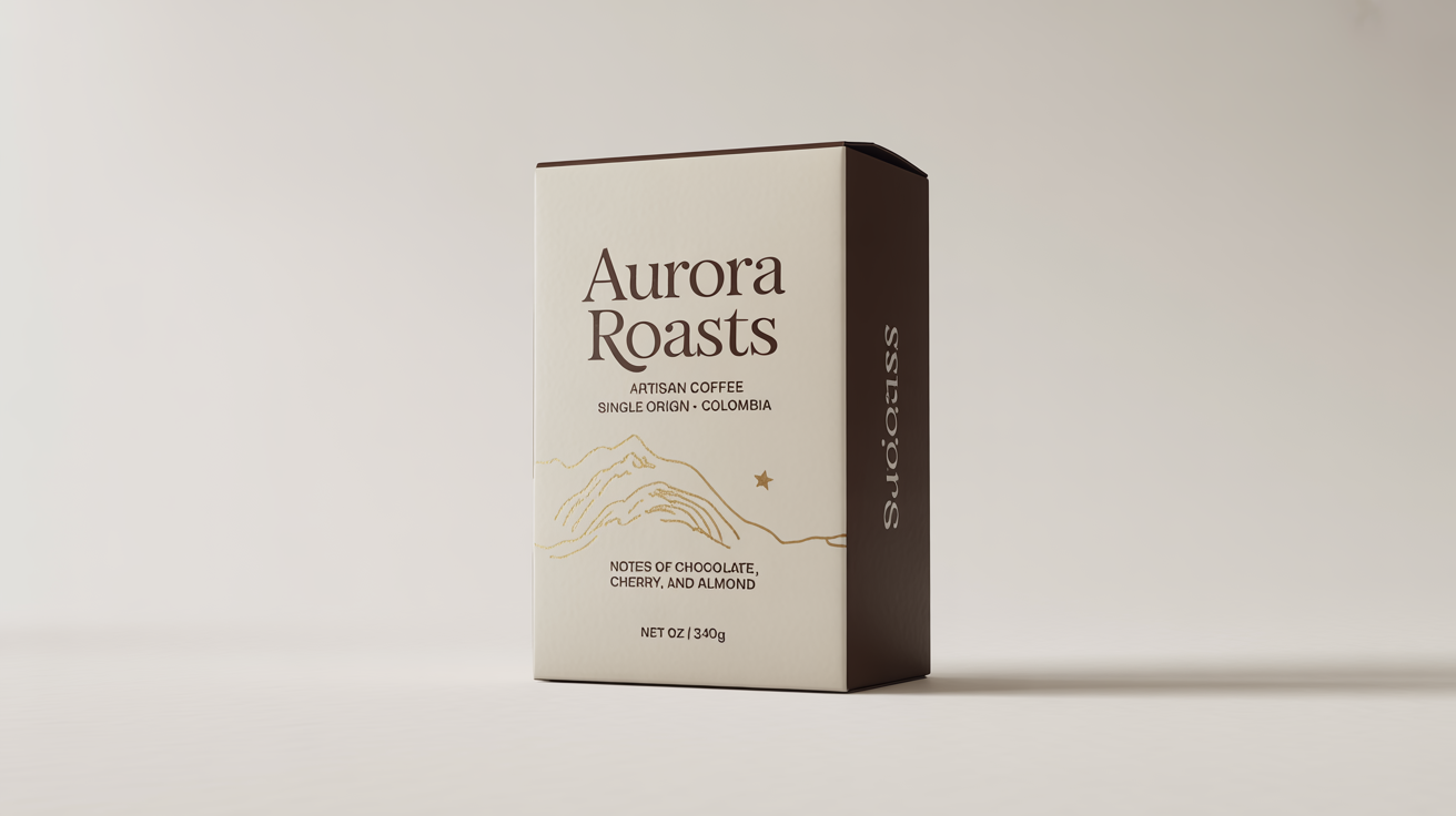 A professional mockup of a modern, minimalist coffee box for 'AURORA ROASTS' single-origin Colombian coffee, set against a clean white background.