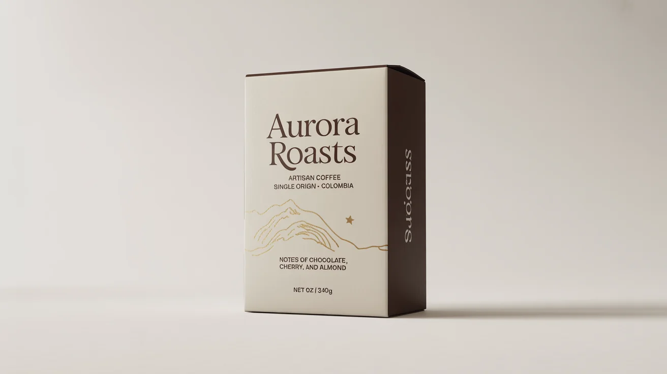 A professional mockup of a modern, minimalist coffee box for 'AURORA ROASTS' single-origin Colombian coffee, set against a clean white background.