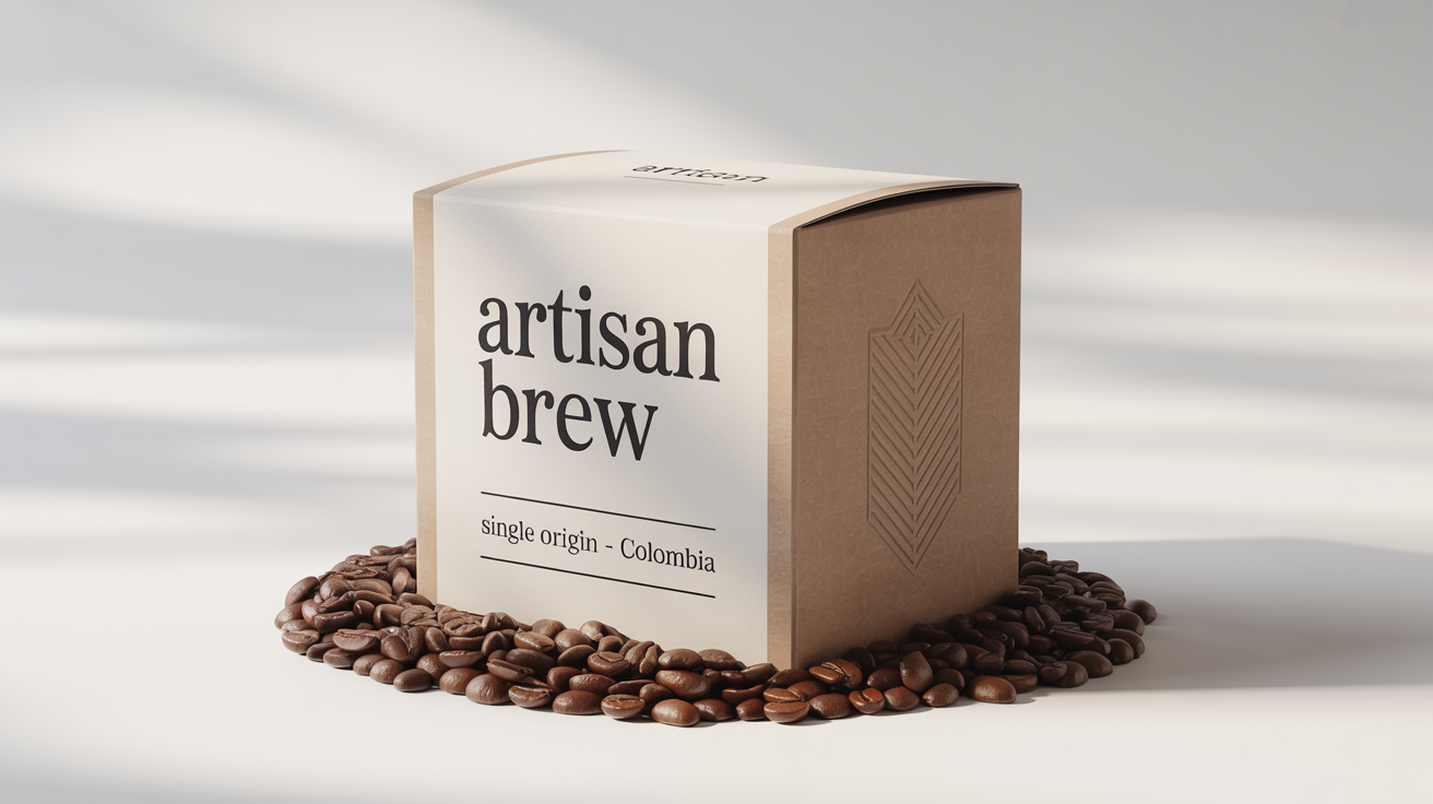 A sleek, modern coffee box packaging mockup for 'Artisan Brew' shown against a plain white background, with a few coffee beans scattered nearby.