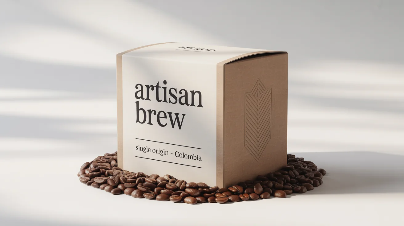 A sleek, modern coffee box packaging mockup for 'Artisan Brew' shown against a plain white background, with a few coffee beans scattered nearby.