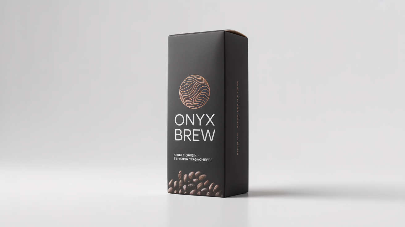 A photorealistic mockup of a modern, matte black coffee box with copper foil details for 'ONYX BREW', standing on a clean white surface with a few coffee beans scattered around it.