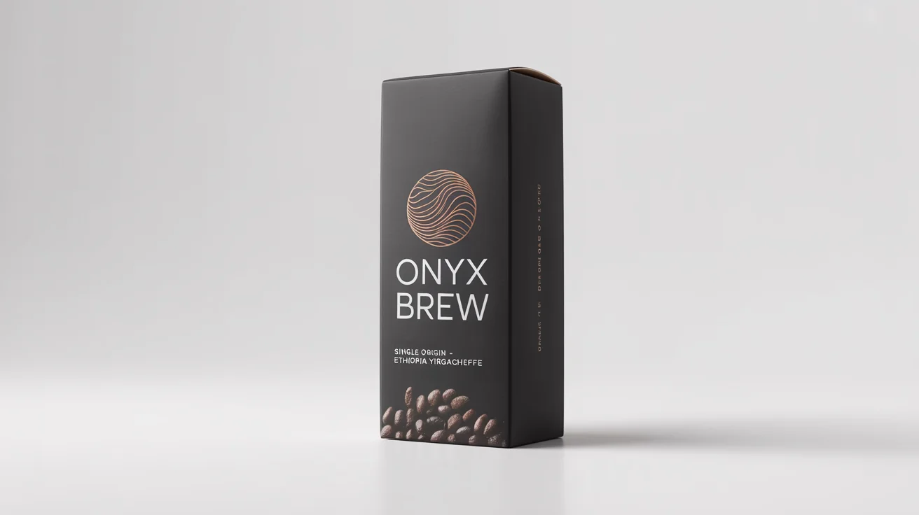 A photorealistic mockup of a modern, matte black coffee box with copper foil details for 'ONYX BREW', standing on a clean white surface with a few coffee beans scattered around it.