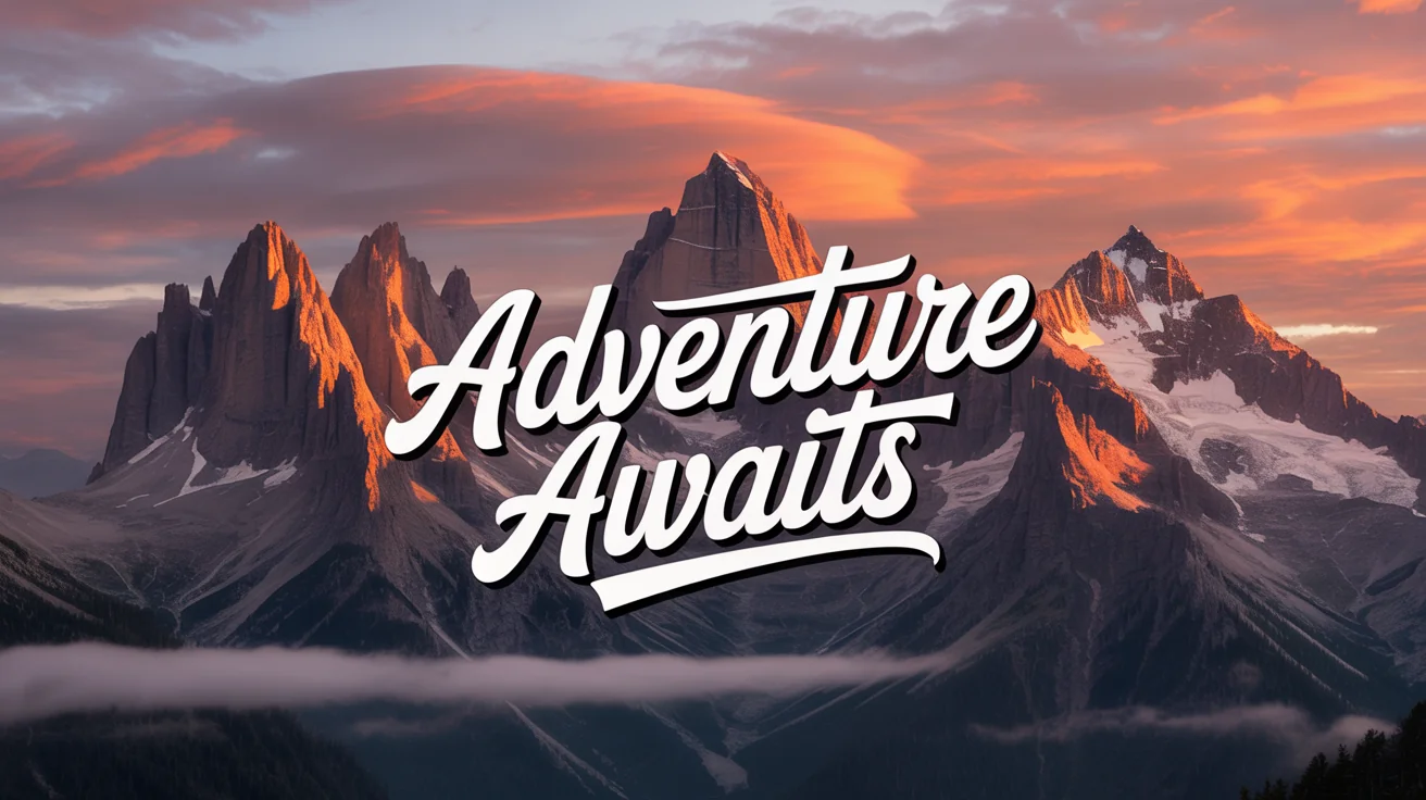 A beautiful mountain landscape at sunrise with the text 'Adventure Awaits' professionally edited onto the image, showcasing an image text editor's final result.