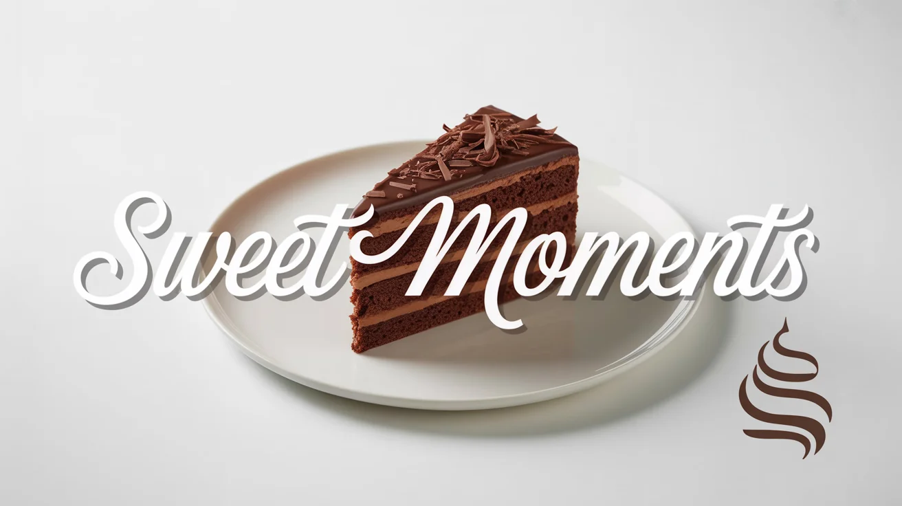 A photorealistic mockup of a slice of chocolate cake with the text 'Sweet Moments' elegantly written over it in a white script font, showcasing an image text editor.