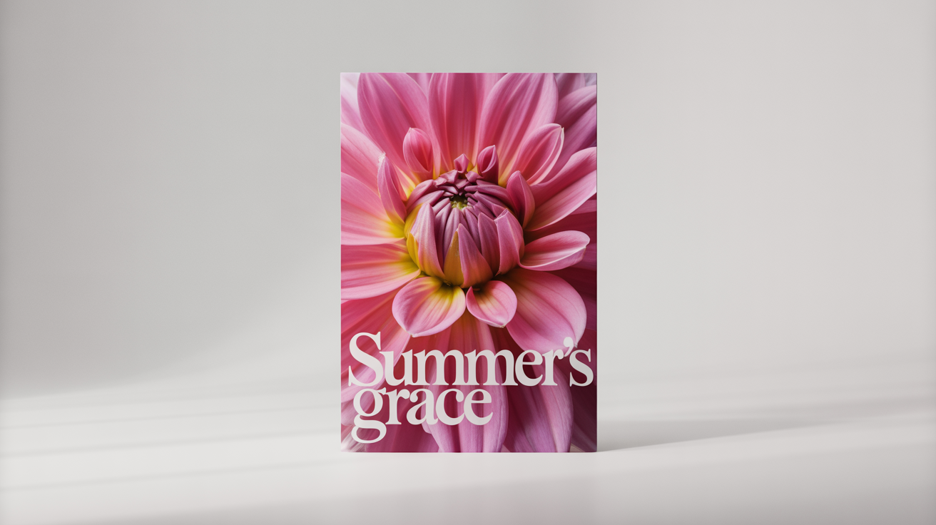 A mockup demonstrating an image text editor, featuring a high-quality photo of a pink dahlia with the words 'Summer's Grace' elegantly written on it.