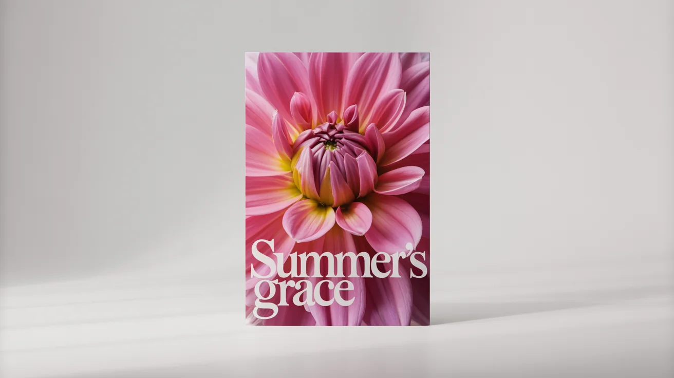 A mockup demonstrating an image text editor, featuring a high-quality photo of a pink dahlia with the words 'Summer's Grace' elegantly written on it.