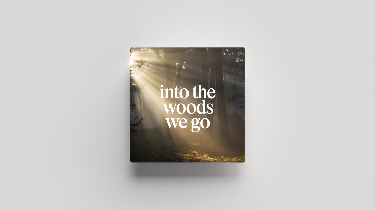 A mockup of a square photo print showing a misty forest with the text 'Into the woods we go' overlaid, demonstrating the output of an image text editor.
