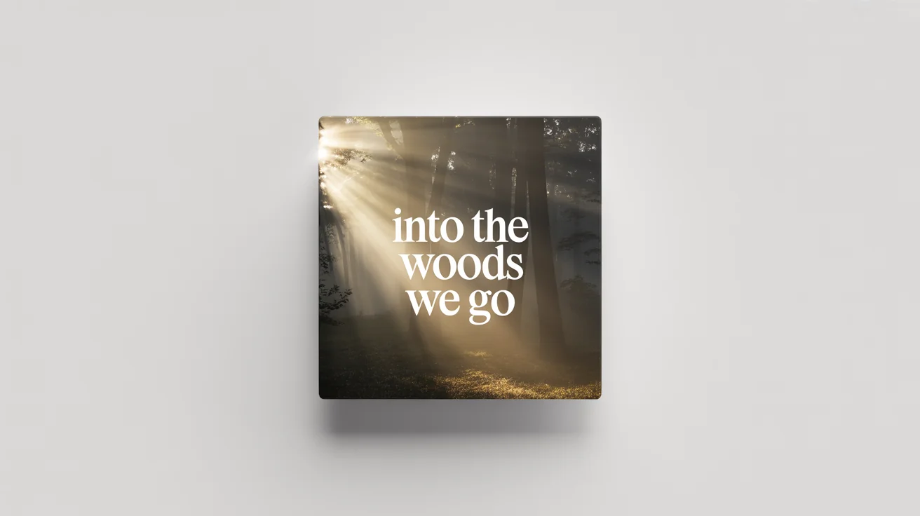 A mockup of a square photo print showing a misty forest with the text 'Into the woods we go' overlaid, demonstrating the output of an image text editor.
