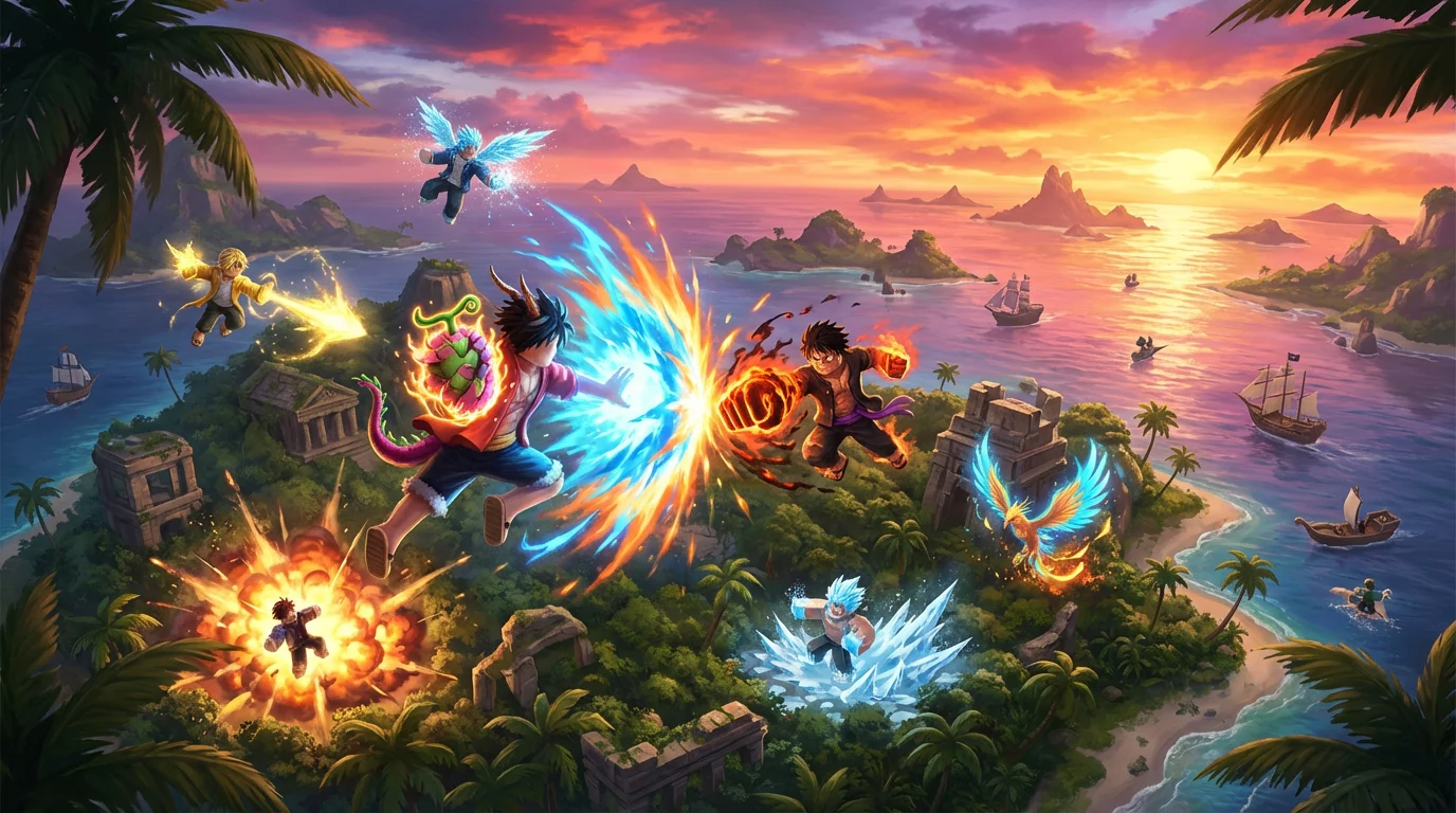 A vibrant and action-packed digital wallpaper of the Roblox game Blox Fruits, showing characters battling on a tropical island at sunset, using colorful fruit-themed powers.