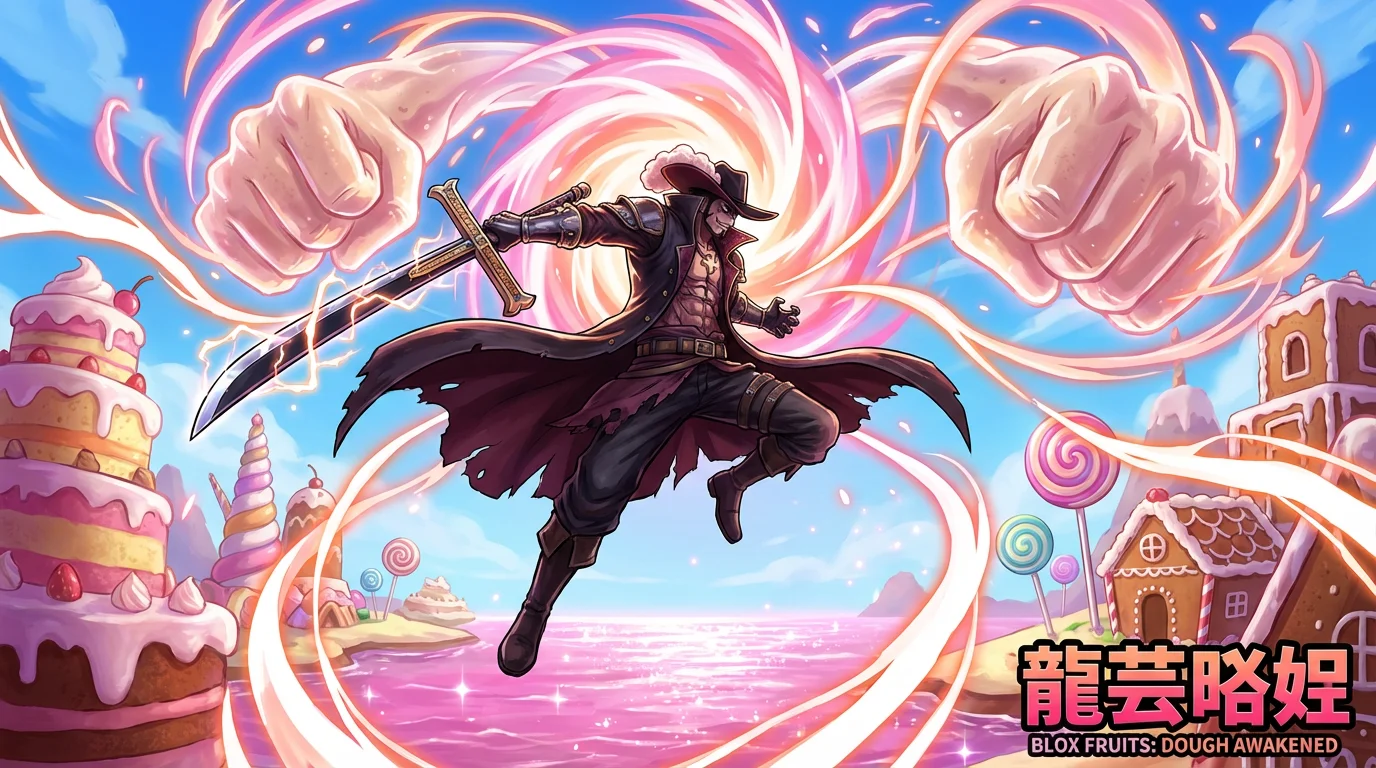 An epic Blox Fruits wallpaper showing a powerful character using the Dough fruit's abilities, with giant dough fists swirling around them in the colorful Sea of Treats.