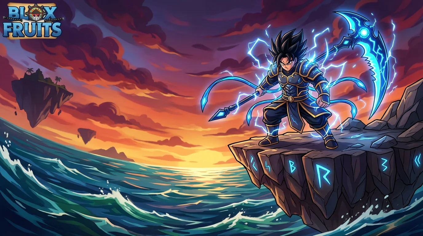 An epic Blox Fruits inspired wallpaper showing a powerful anime warrior with crackling blue energy, wielding a giant scythe on a floating island against a dramatic sunset sky.