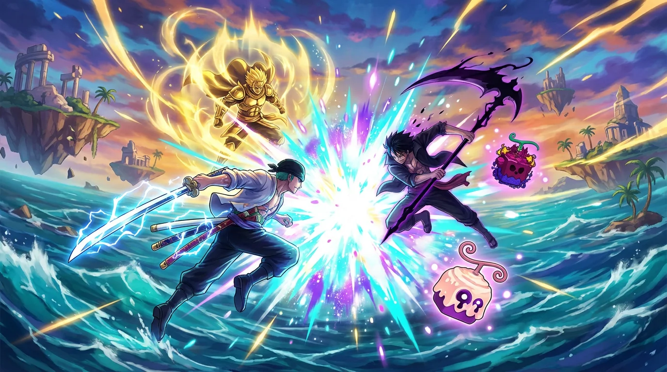 An epic anime-style digital painting of a Blox Fruits battle, with characters wielding glowing swords and powers mid-air over a stormy sea, perfect for a dynamic wallpaper.