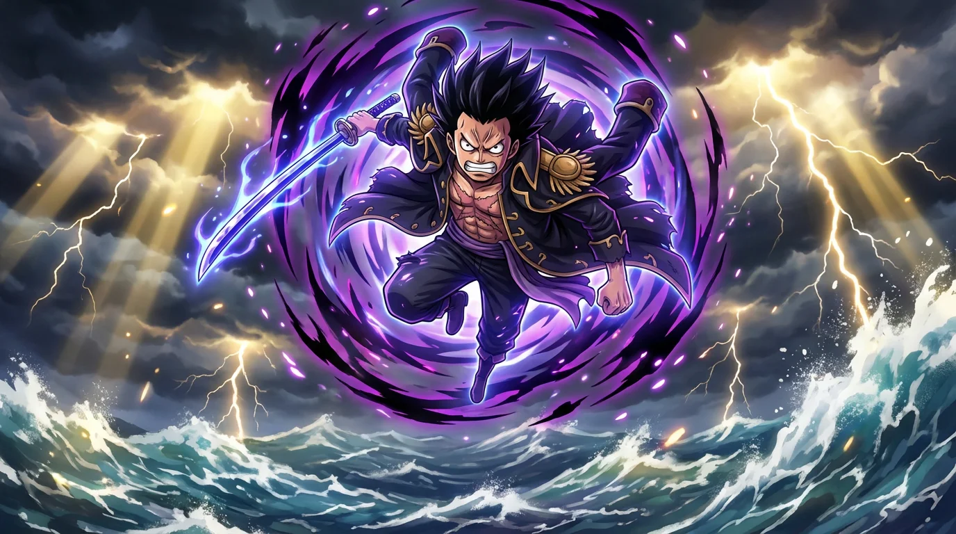 A vibrant anime wallpaper depicting a powerful Blox Fruits character with a glowing sword and a dark energy aura, hovering over a stormy sea.
