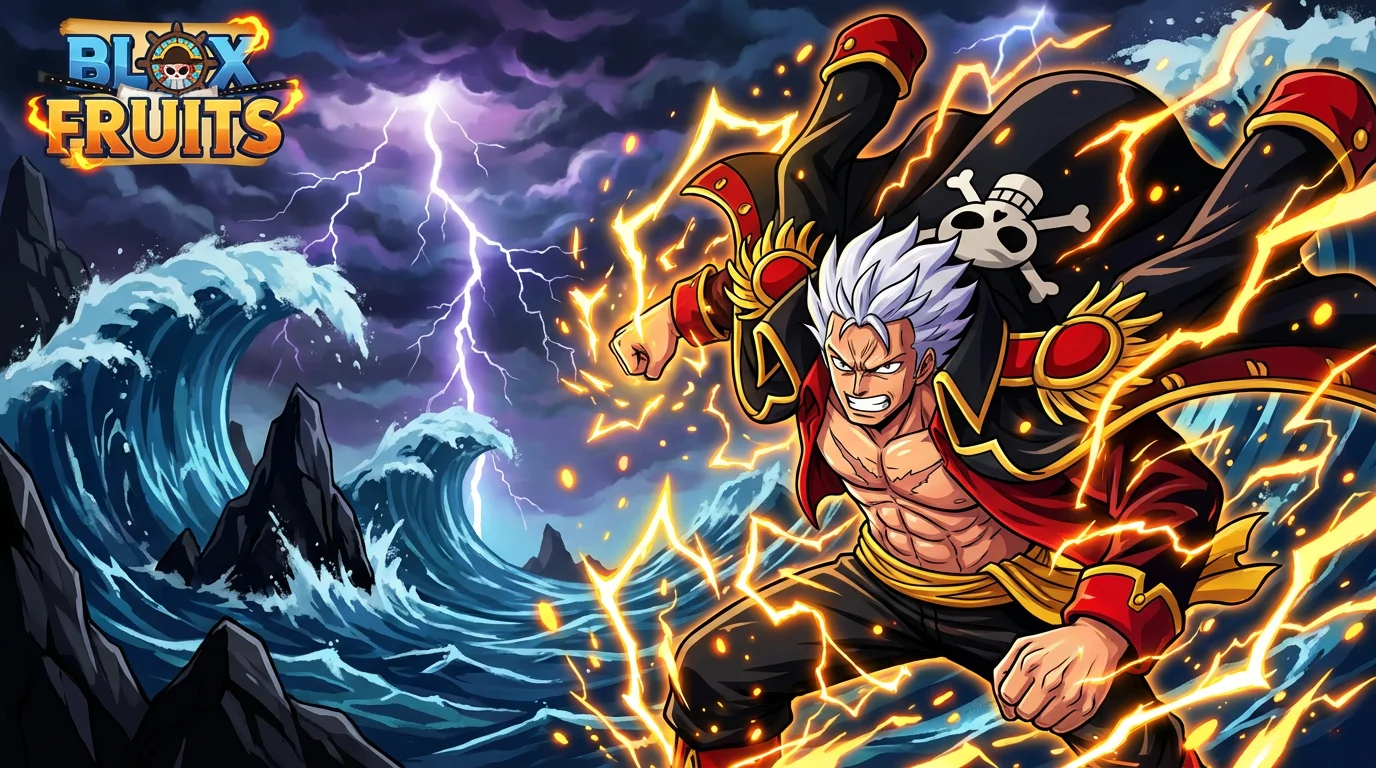 An epic anime-style Blox Fruits wallpaper showing a powerful pirate character with white hair unleashing yellow lightning powers amidst a stormy sea.