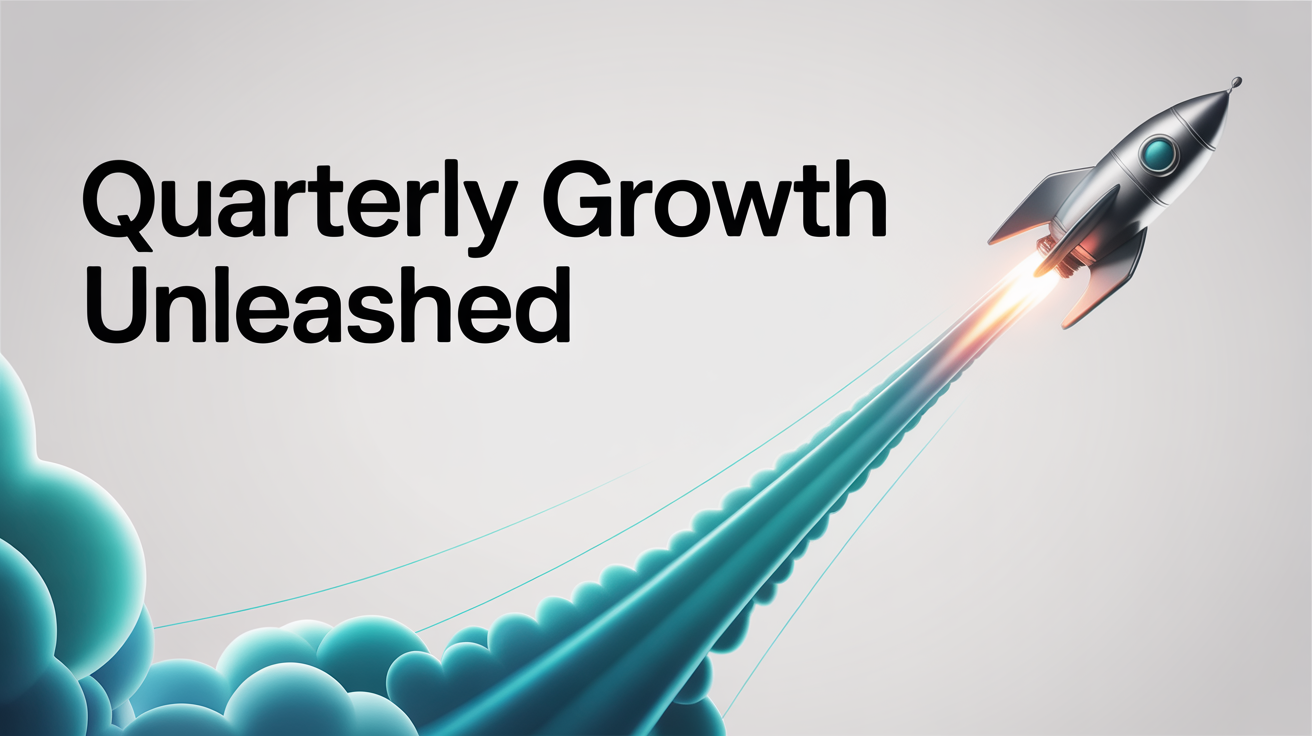 A modern presentation slide titled 'Quarterly Growth Unleashed' showing a rocket mid-launch. The rocket has animation effects like a glowing trail and motion blur to demonstrate a dynamic entrance.