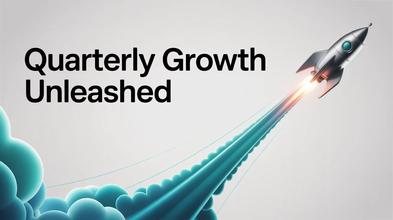 A modern presentation slide titled 'Quarterly Growth Unleashed' showing a rocket mid-launch. The rocket has animation effects like a glowing trail and motion blur to demonstrate a dynamic entrance.