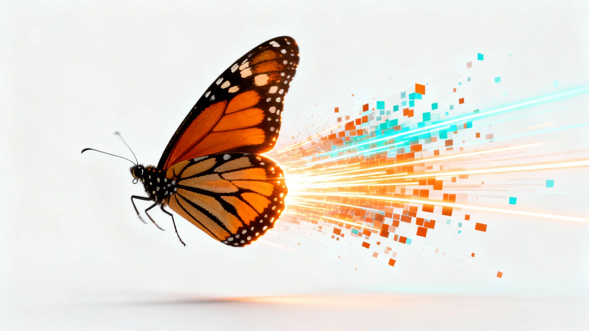 A photorealistic butterfly in mid-flight against a white background, with digital light streaks and particles streaming from its wings to symbolize the concept of image animation.