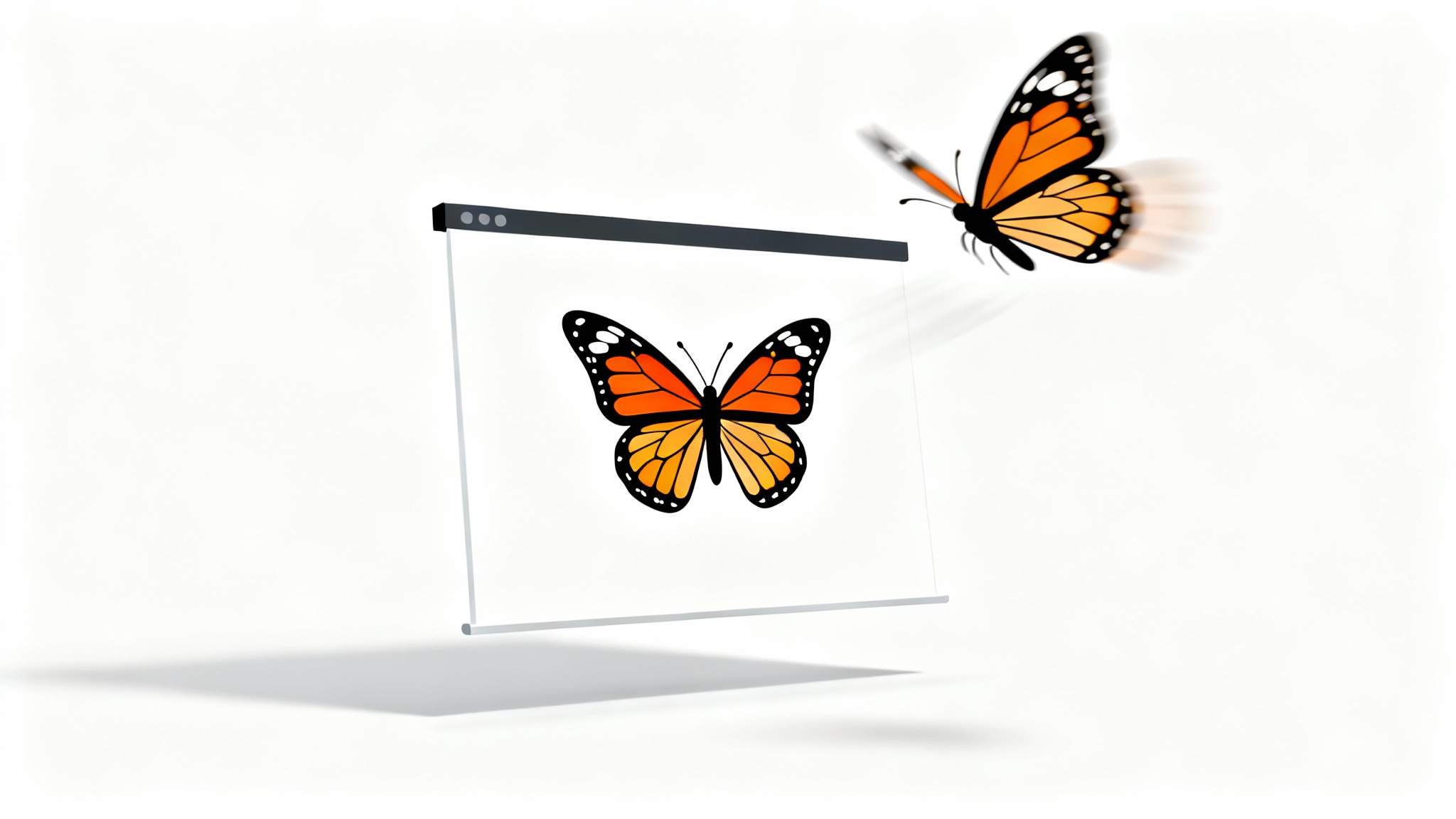 A mockup of a presentation slide on a white background, showing a flat image of a butterfly with a second, animated version of the butterfly appearing to fly off the slide, demonstrating an image animation effect.