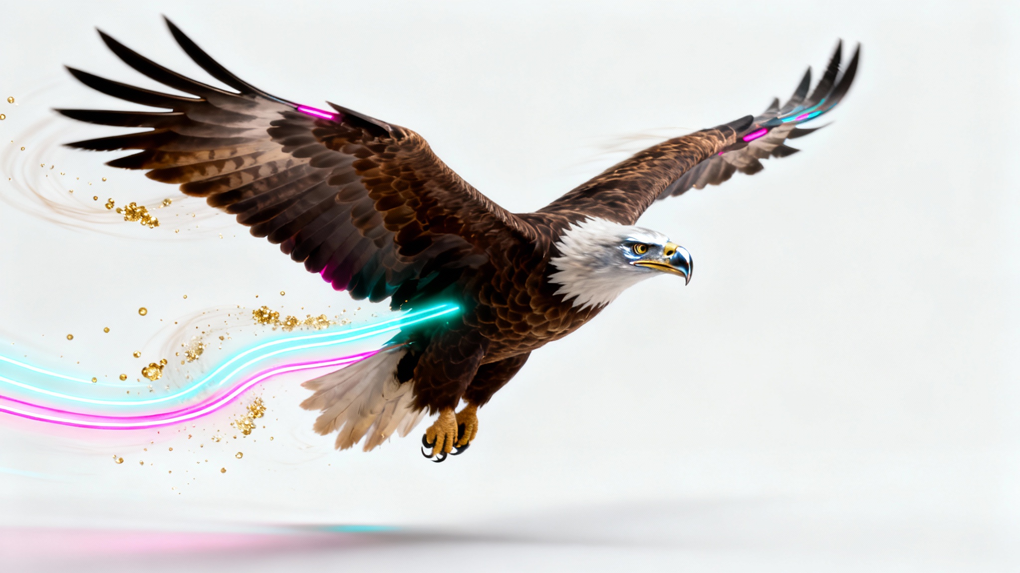A majestic eagle in flight on a white background, with digital light trails and particles swirling around it to represent image animation.