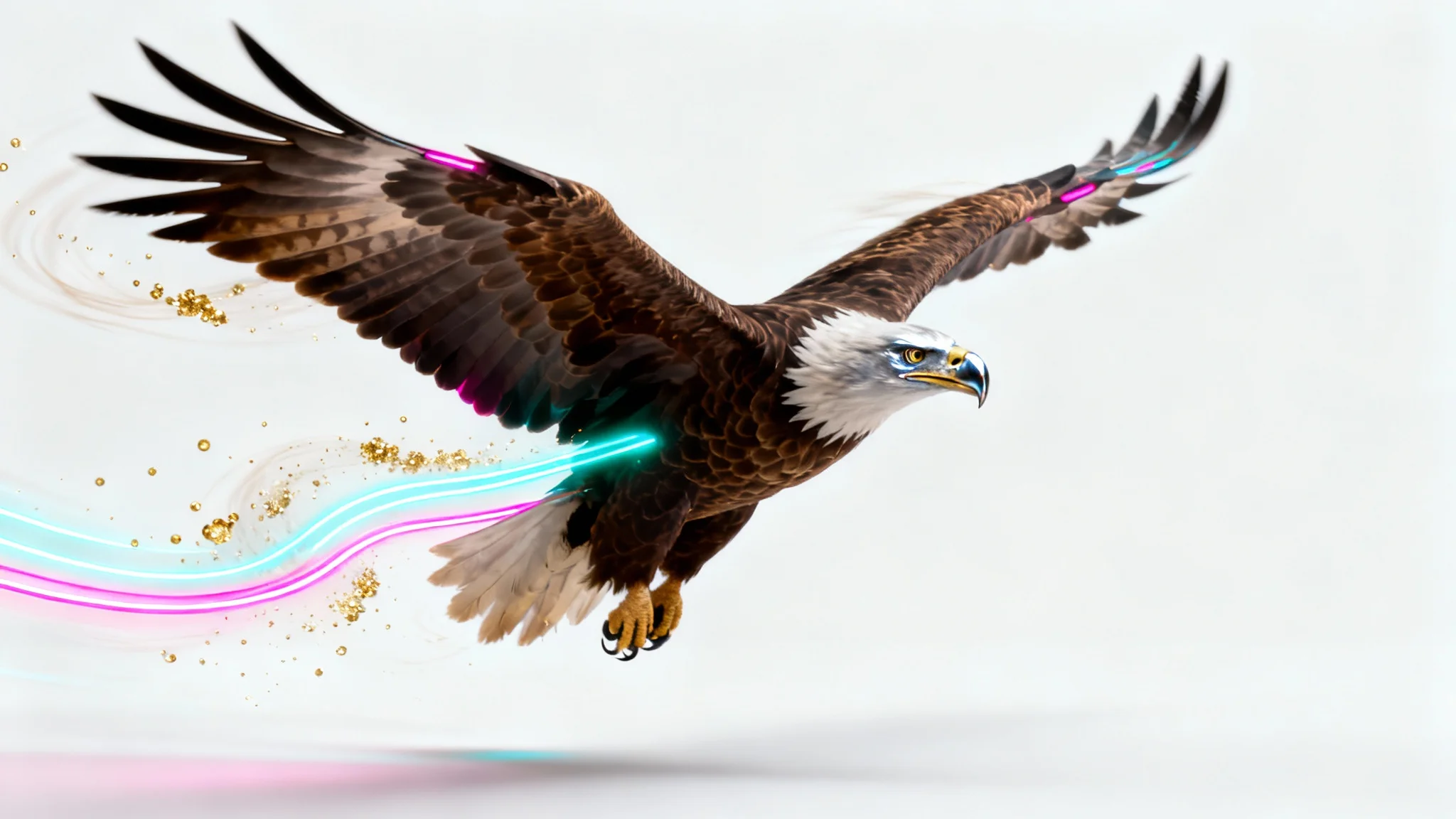A majestic eagle in flight on a white background, with digital light trails and particles swirling around it to represent image animation.