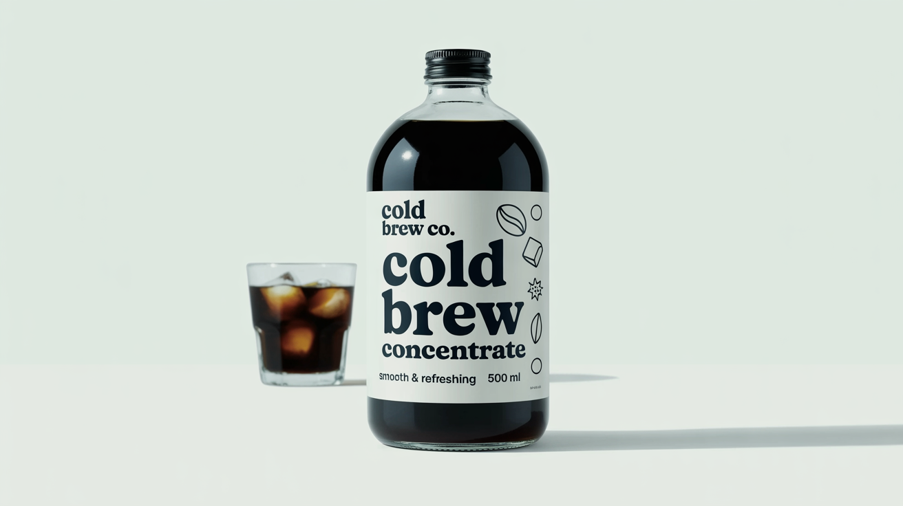A professional product shot of a glass bottle of cold brew concentrate. The designer label is prominently displayed, featuring the text 'COLD BREW CONCENTRATE' in a modern font with blue and green accents.