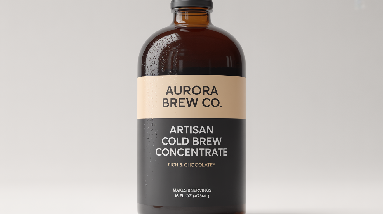 A professional mockup of a cold brew concentrate label on an amber glass bottle. The label features the brand 'AURORA BREW CO.' in a minimalist, high-end design, set against a solid white background.