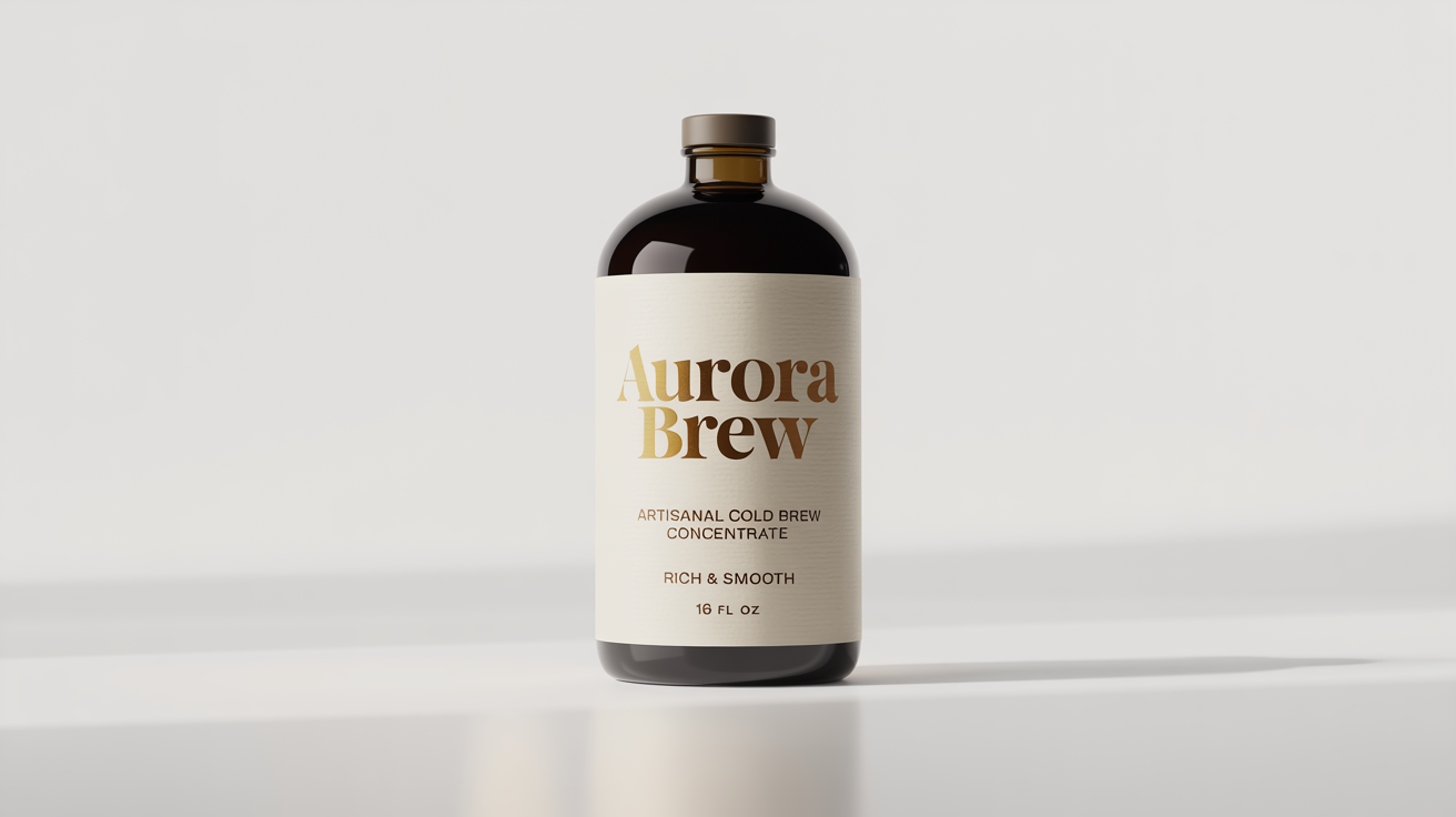 A studio mockup of a glass bottle of 'AURORA BREW' cold brew concentrate, featuring a modern label with gold foil text on a clean white background.