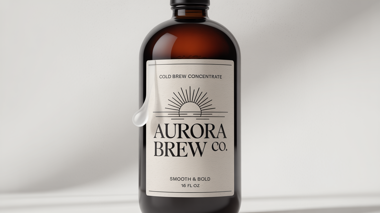A product mockup of a sleek, dark amber glass bottle of Aurora Brew Co. cold brew concentrate, featuring a minimalist label with a rising sun graphic, set against a clean white background.