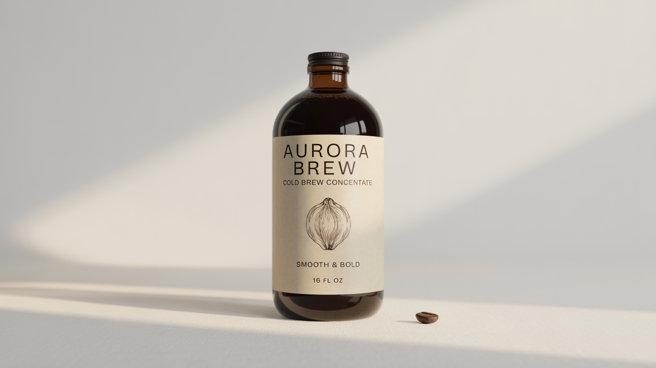 A professional product shot of a bottle of Aurora Brew cold brew concentrate with a minimalist label, set against a plain white background.
