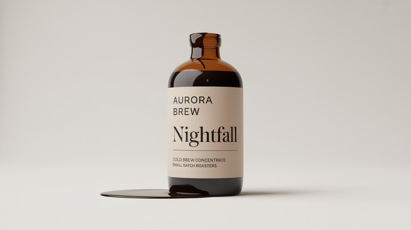 A photorealistic mockup of a modern amber glass bottle of 'AURORA BREW' 'NIGHTFALL' cold brew concentrate, featuring a minimalist label against a solid white background.