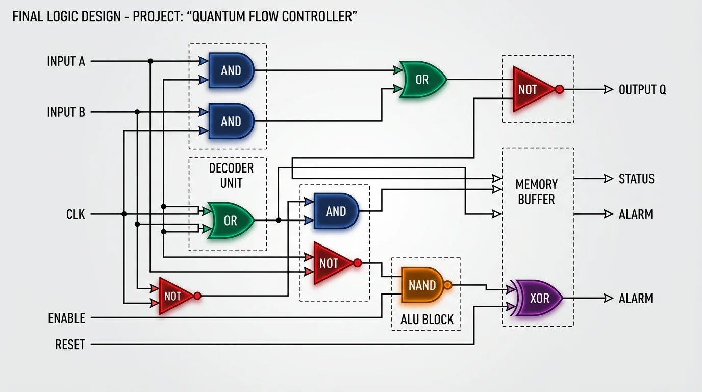 A professionally designed logic gate diagram showing a complex circuit with color-coded AND, OR, and NOT gates connected by clean lines on a light gray background.