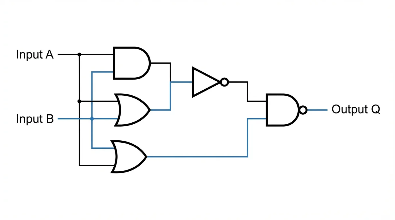 A professionally illustrated logic gate diagram on a white background, featuring standard symbols for AND, OR, and NOT gates connected by clear lines to represent a digital circuit.