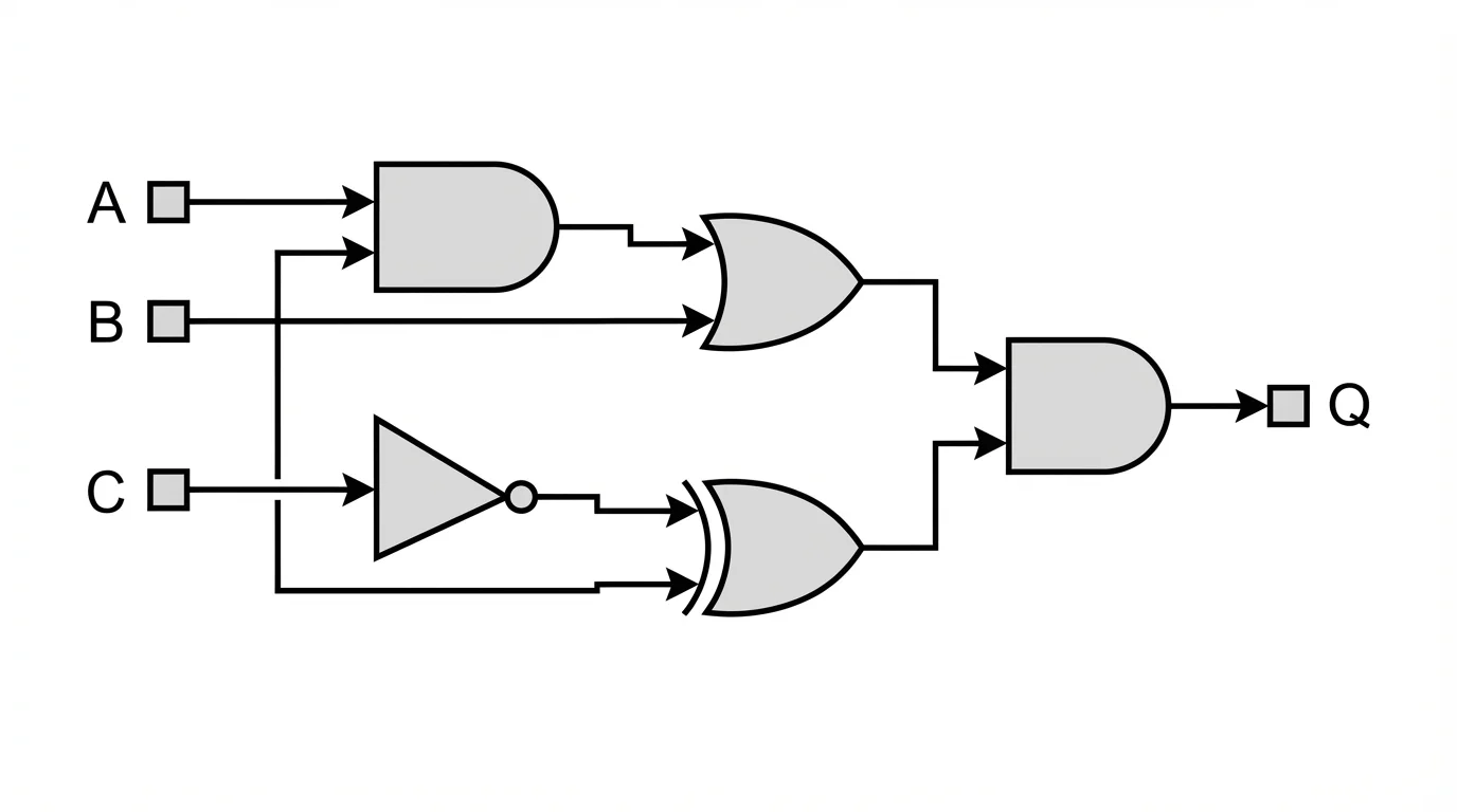 A clear and professional digital logic gate diagram with labeled inputs 'A', 'B', 'C' and an output 'Q', showing the flow through various interconnected gates on a clean white background.