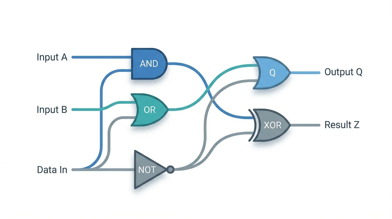 A stylized and modern isometric diagram of various interconnected logic gates, like AND and XOR, with clear labels for inputs and outputs, all set against a clean white background.