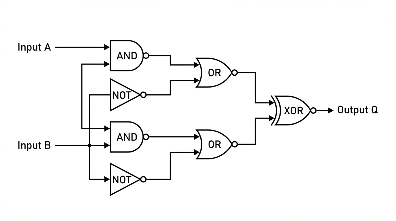 A clean and professional logic gate diagram featuring AND, OR, and NOT gates with labeled inputs and outputs, set against a plain white background.