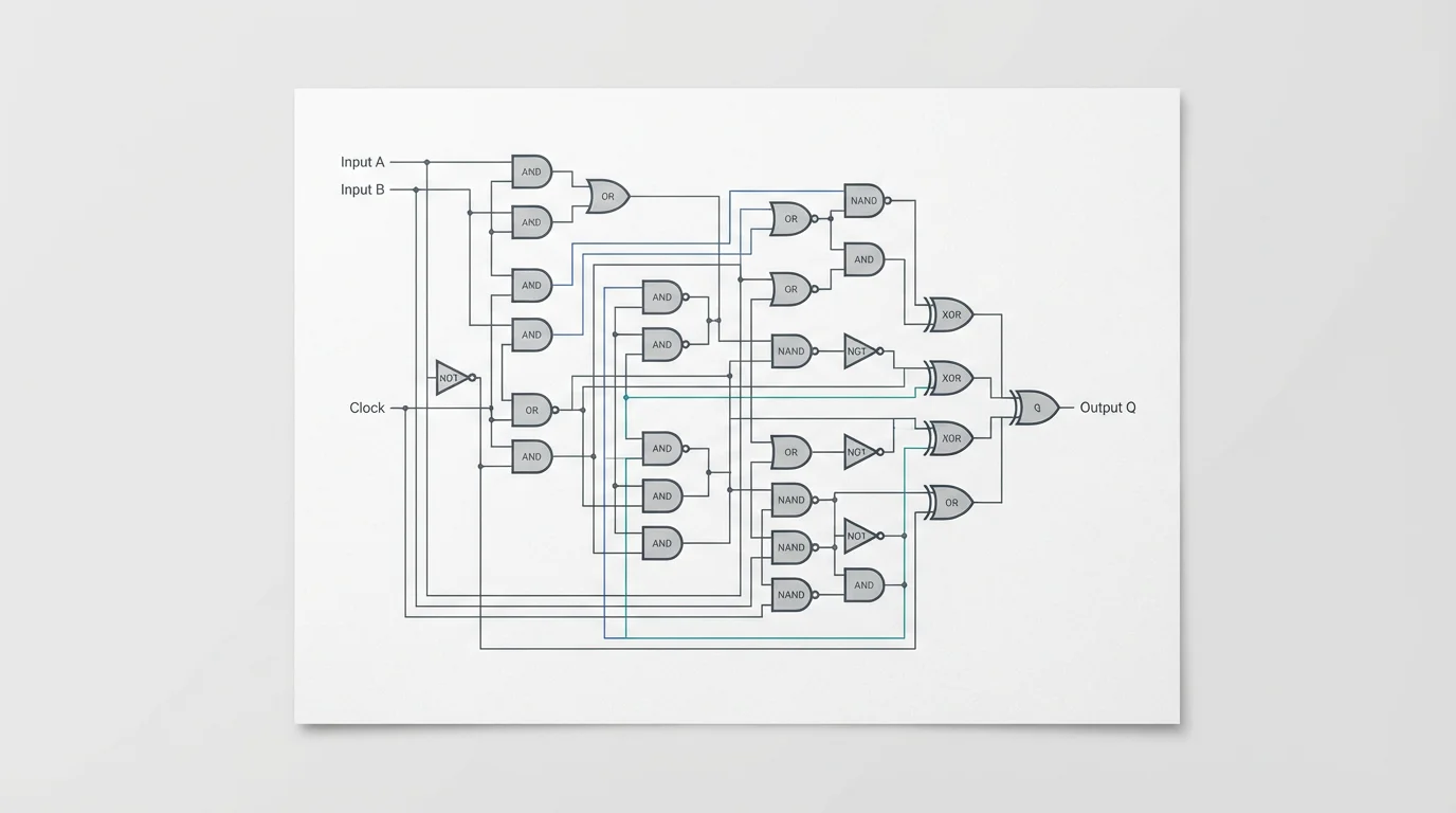 A clean, professional diagram of a complex logic gate circuit, showing various gates like AND, OR, and NOT connected by neat lines on a white background.