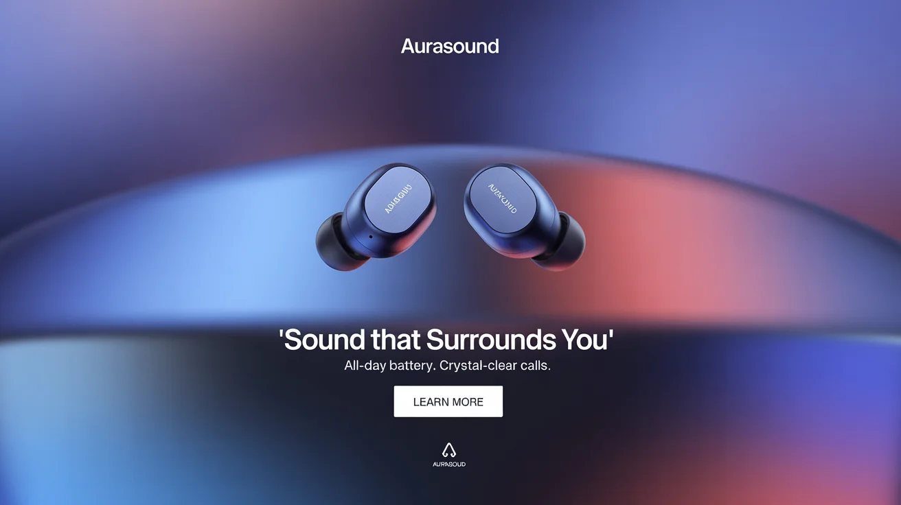 A professionally designed Facebook ad for wireless earbuds, showing the product on a colorful background with the headline 'Sound That Surrounds You' and a 'Learn More' button.