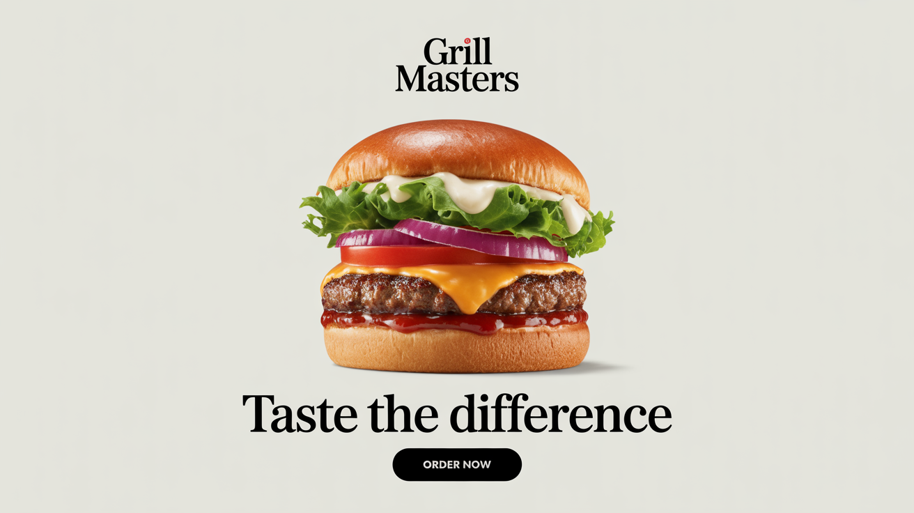 A mockup of a Facebook ad for a burger restaurant called 'Grill Masters', showing a delicious-looking gourmet burger with the headline 'Taste the Difference' and an 'Order Now' button.