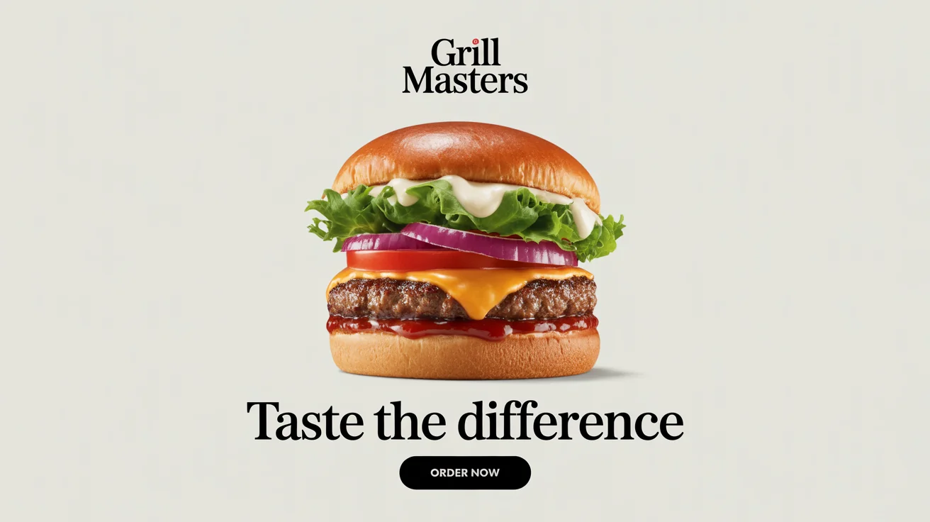A mockup of a Facebook ad for a burger restaurant called 'Grill Masters', showing a delicious-looking gourmet burger with the headline 'Taste the Difference' and an 'Order Now' button.