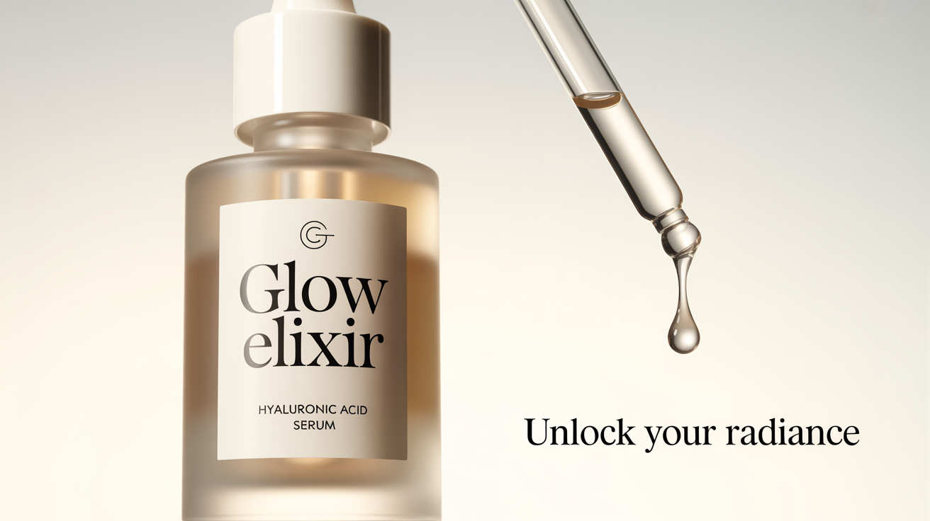 A mockup of a Facebook ad for a skincare product. A frosted glass bottle labeled 'Glow Elixir' and 'Hyaluronic Acid Serum' is shown against a plain white background, with a drop of serum falling from its dropper.