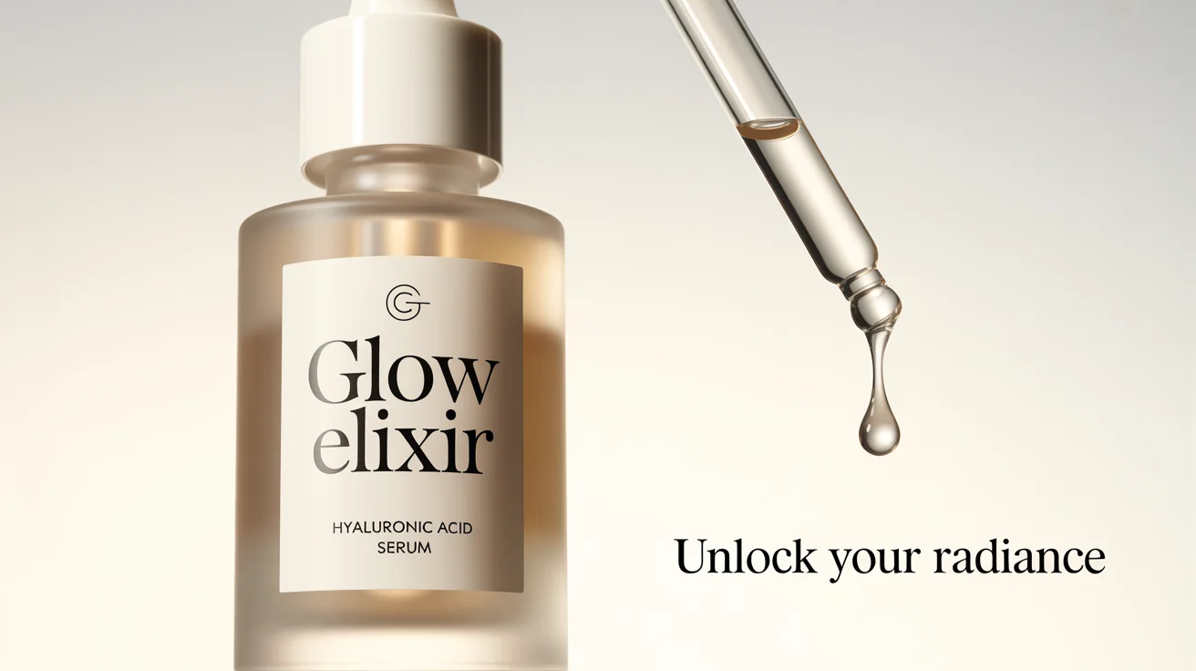 A mockup of a Facebook ad for a skincare product. A frosted glass bottle labeled 'Glow Elixir' and 'Hyaluronic Acid Serum' is shown against a plain white background, with a drop of serum falling from its dropper.