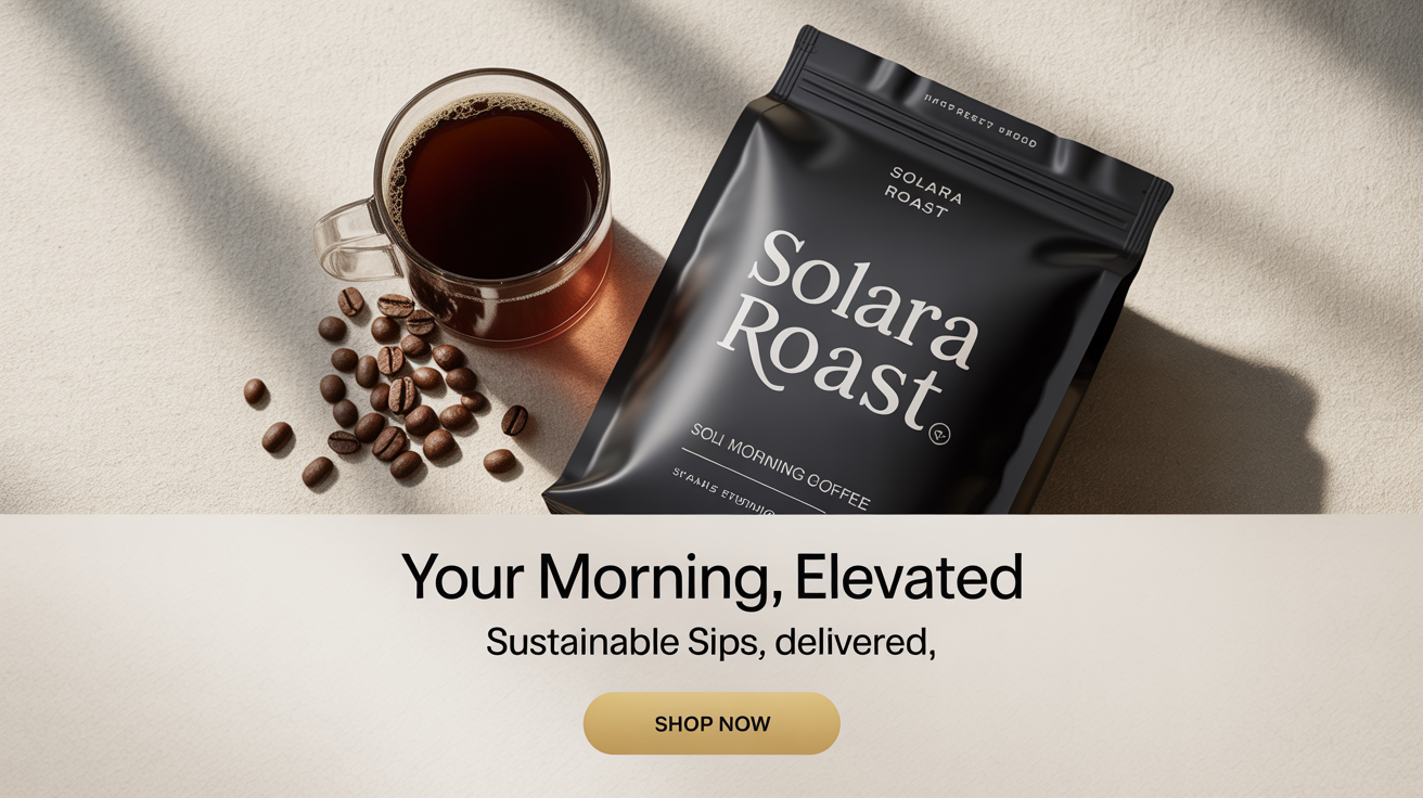 A mockup of a modern Facebook ad for 'Solara Roast' coffee. It features a flat lay of a black coffee bag and a glass mug of coffee on a white background, with text that reads 'Your Morning, Elevated' and a 'Shop Now' button.