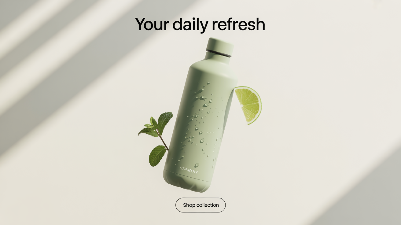 A Facebook ad mockup featuring a matte sage green water bottle with condensation, next to mint leaves and a lime slice on a white background. The ad includes the text 'Your Daily Refresh' and a 'Shop Collection' button.
