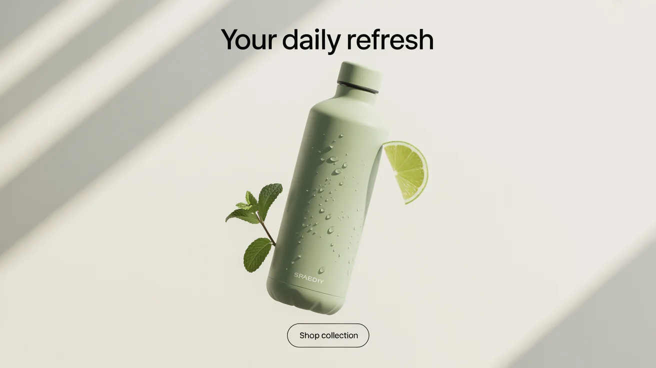 A Facebook ad mockup featuring a matte sage green water bottle with condensation, next to mint leaves and a lime slice on a white background. The ad includes the text 'Your Daily Refresh' and a 'Shop Collection' button.