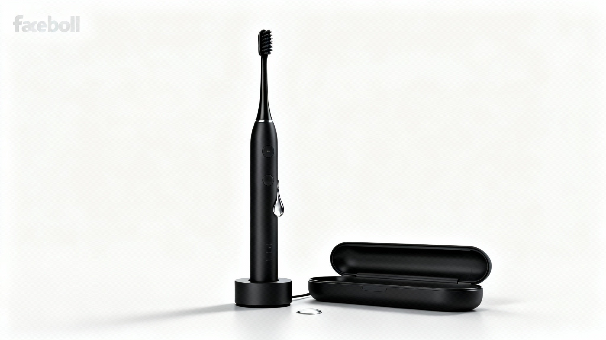A photorealistic mockup of a sleek, matte black electric toothbrush standing on its charger against a white background, suggesting a modern and high-tech Facebook ad.