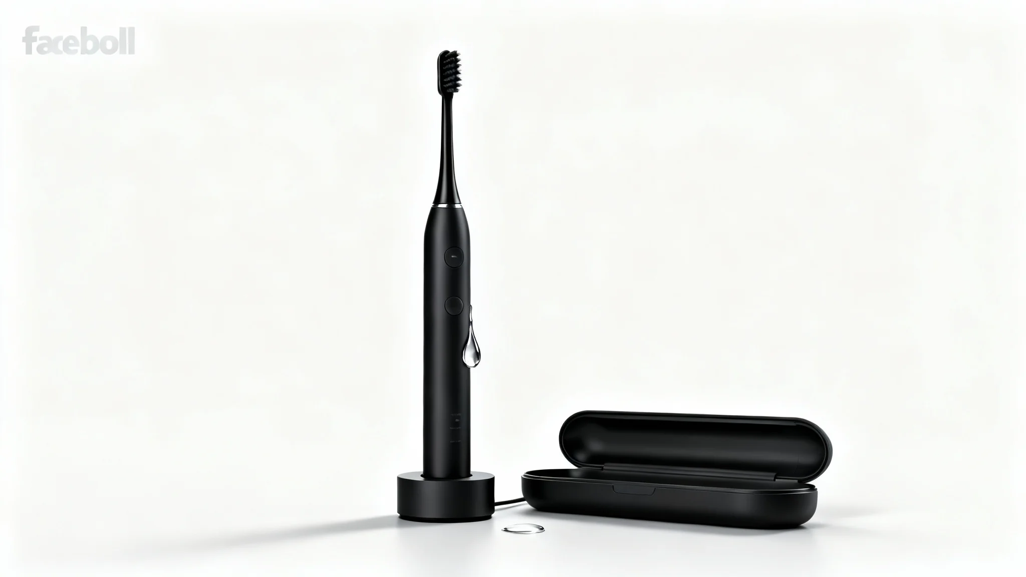 A photorealistic mockup of a sleek, matte black electric toothbrush standing on its charger against a white background, suggesting a modern and high-tech Facebook ad.
