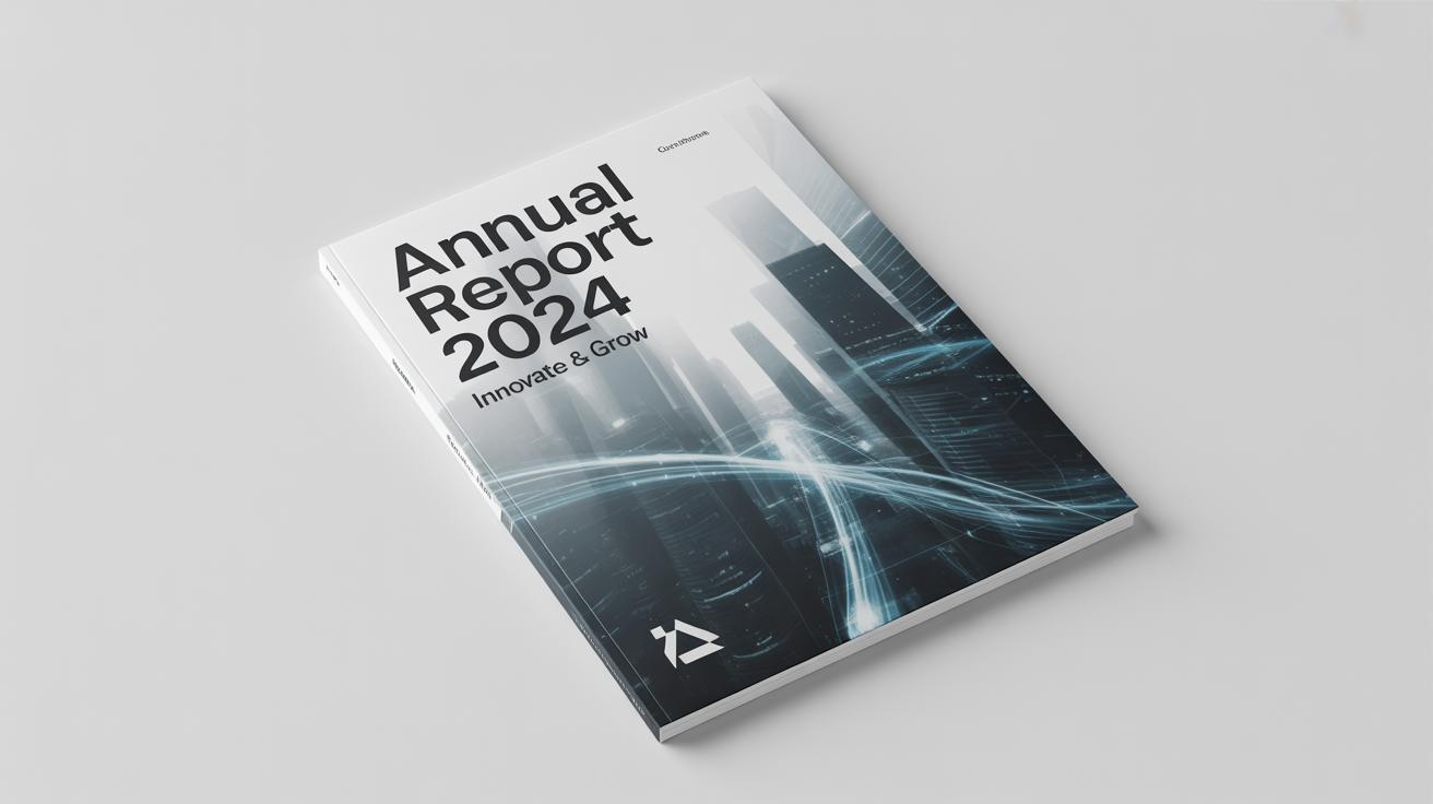 A mockup of a professionally designed annual report cover for the year 2024, featuring modern architecture and the title 'Innovate & Grow'.